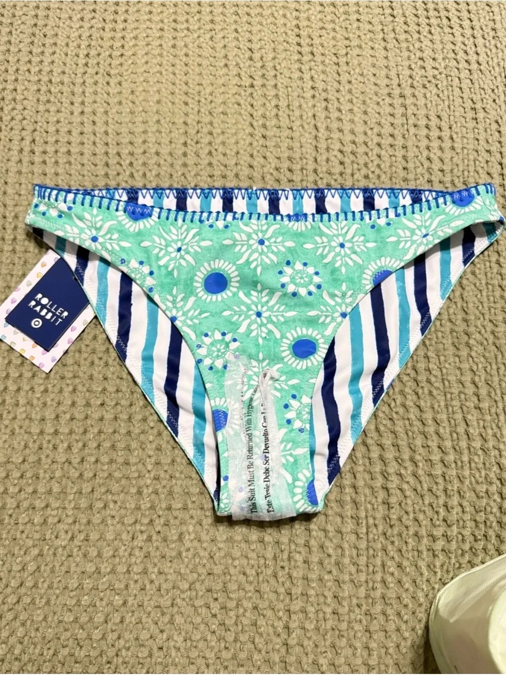 Roller Rabbit Aqua Floral and Navy Stripe Reversible Bikini Bottom